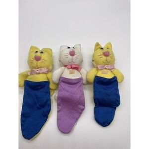3-Vtg 1987 Purr-Tenders SockEms Hallmark 7" Plush Toy Cat Dog Flip Yellow Blue